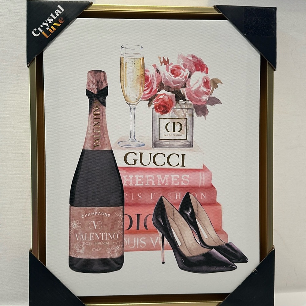 Crystal Luxe Designer Inspired Hanging Wall Painting w/Champagne Scene.